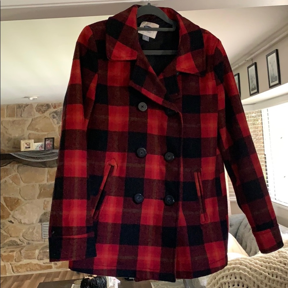 Red and Black plaid wool button up jacket Old Navy